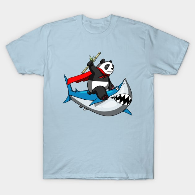 Panda Bear Riding Shark T-Shirt by underheaven